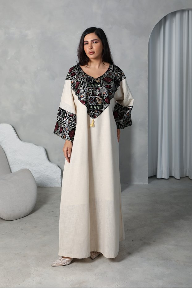 Luxury embroidery linen V neck jalabiya. with velvet details