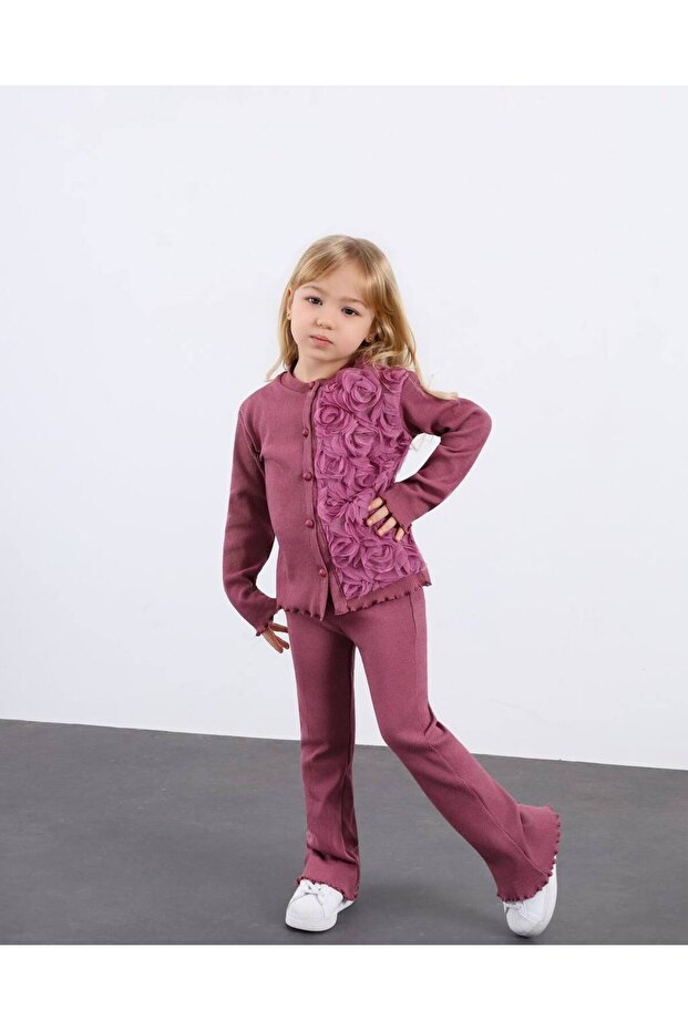 Girl's Pink Rose Appliqué Pink Cardigan Camisole Fabric Double t Pattern Set
