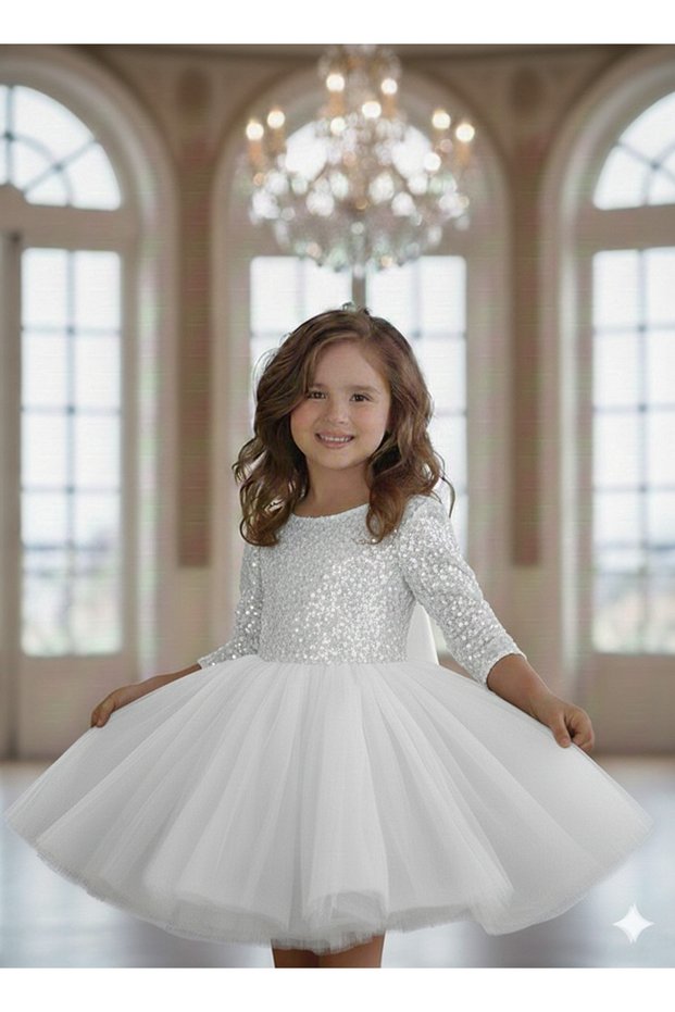 Girl's White Sequin Detailed Tulle Skirted Dress, Girl's Evening Dress, Girl's Party Dress