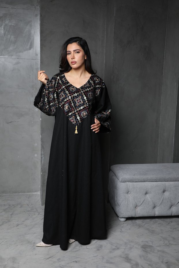 Luxury embroidery linen V neck jalabiya. with velvet details