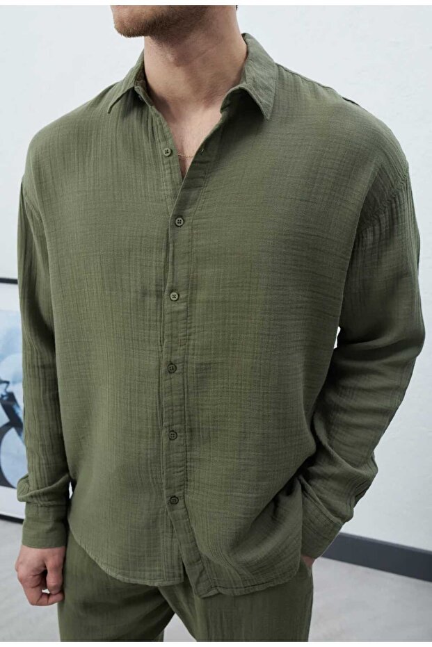 Men's Khaki Oversize Relaxed Fit Premium Summer Textured Long Sleeve Muslin Shirt