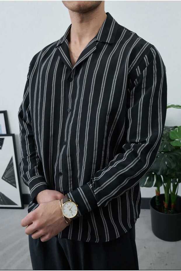 Men's Black Oversize Relaxed Fit Striped Premium Summer Long Sleeve Modal Shirt