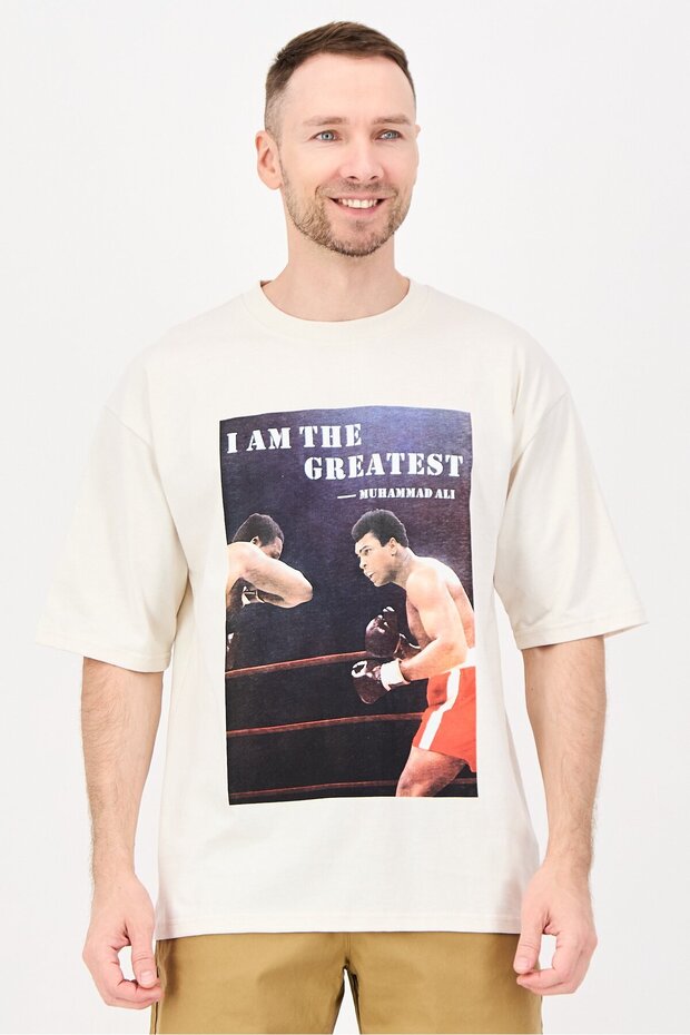 Men Crew Neck Short Sleeve Graphic Print T-Shirt, Beige
