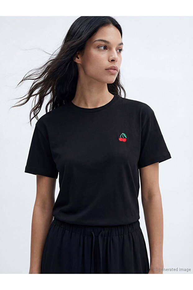 Black Crew Neck Cherry Embroidered Women's T-Shirt
