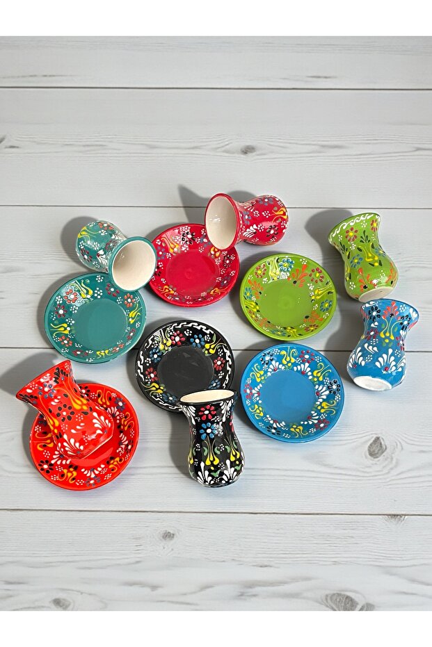 Decorative 6-Person Fully Handmade Tea Cup Set with Stylish Tulip Tile Design