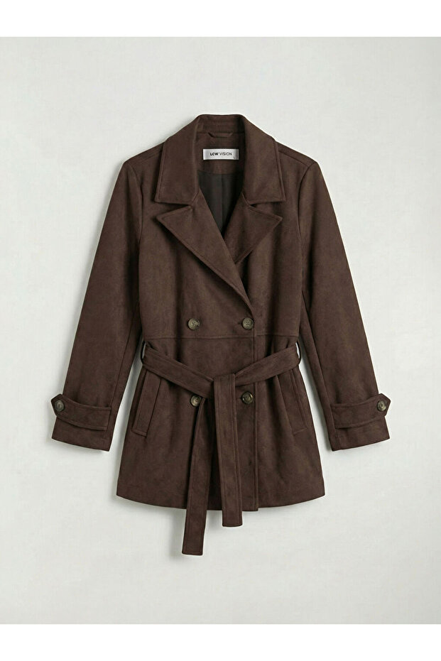 Brown Double-Breasted Collar Suede-Look Women's Trench Coat from Giyçık Store