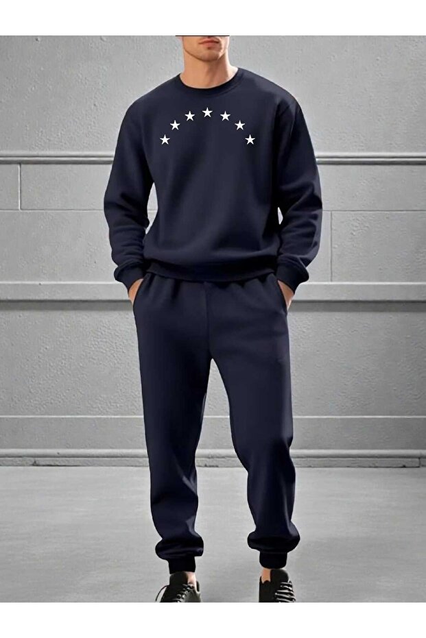 Men's Bottom-Up Set Crew Neck Sweatshirt with Sequential Star Print Design
