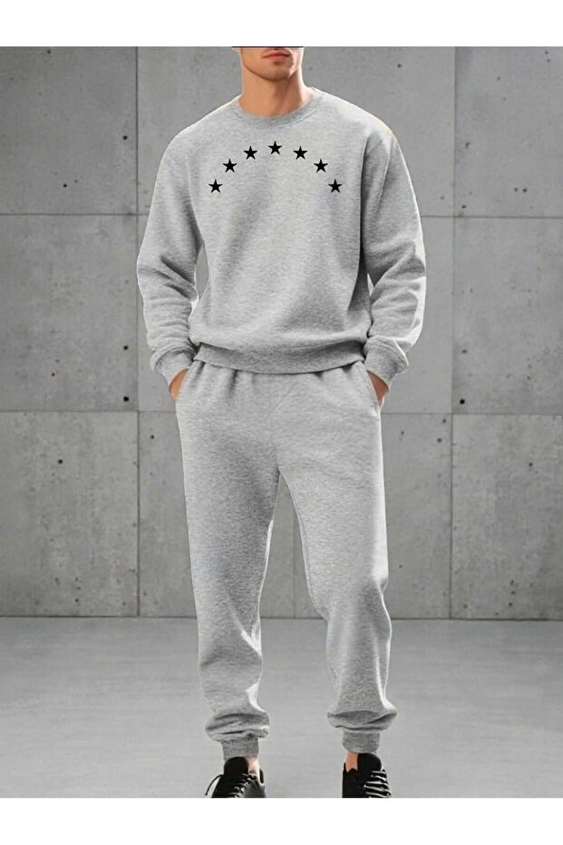 Men's Bottom-Up Set Crew Neck Sweatshirt with Sequential Star Print Design