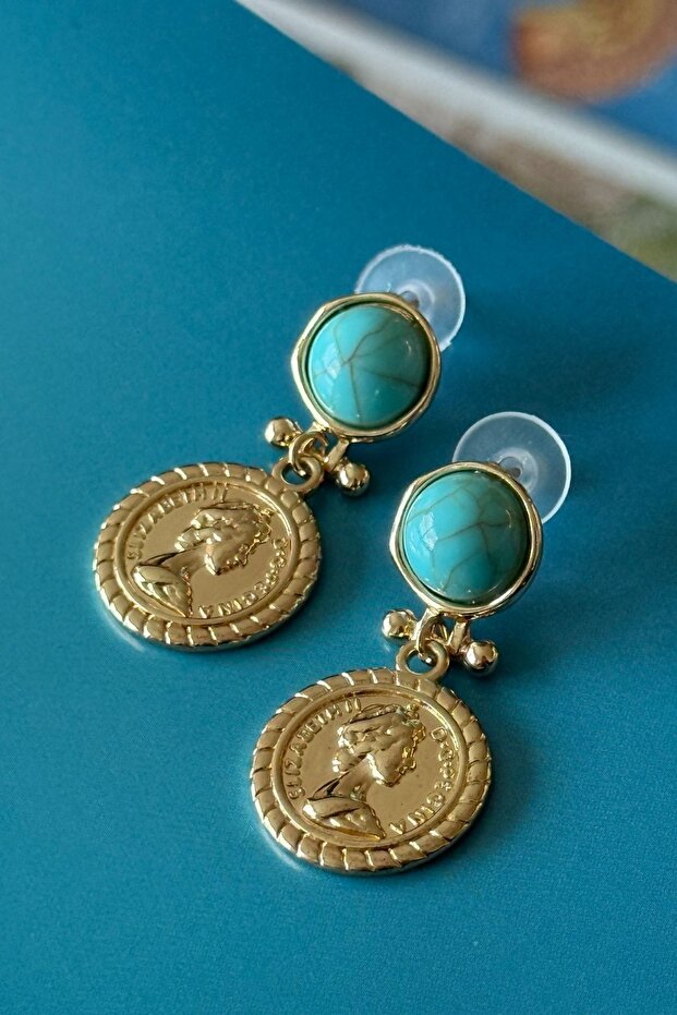 Steel turquoise stone medallion dangle earrings