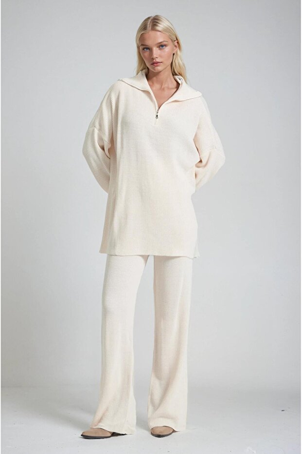 Zip Collar Long Knitwear Tunic & Wide Leg Pants Set 10318