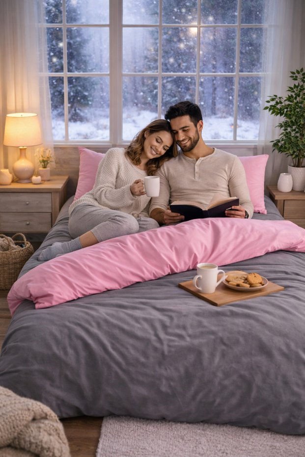 Double Pink Anthracite Duvet Cover Set Fitted Sheet Soft-Textured Breathable Duvet Cover Set