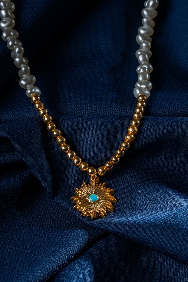 Baroque Pearl and Sun Figured Evil Eye Necklace