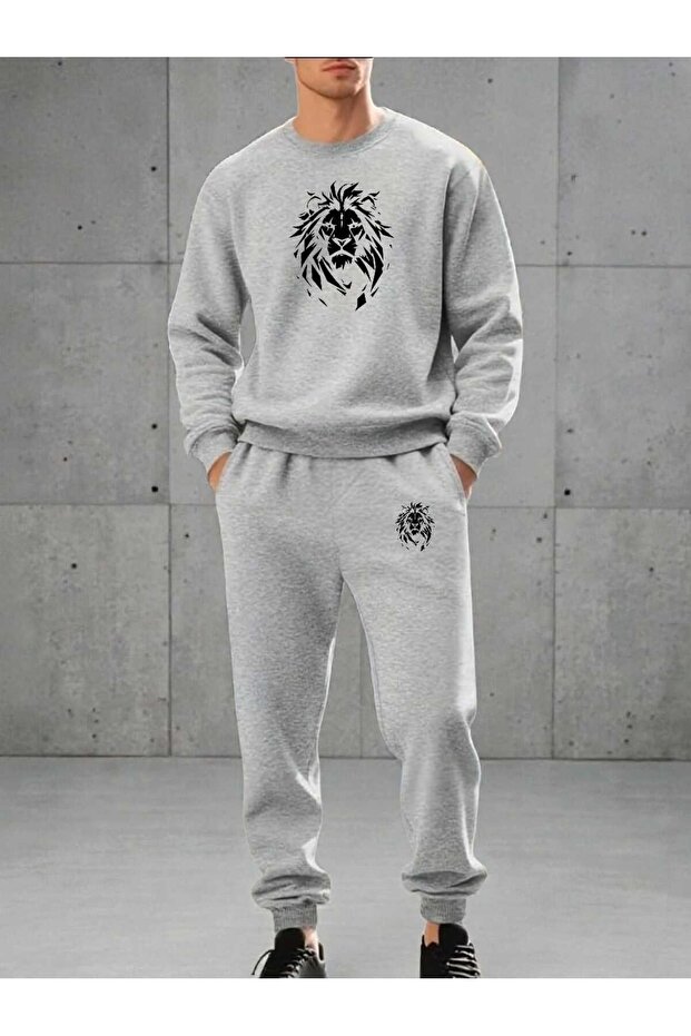 Men's Bottom-Up Set Lion Print Design Crew Neck Sweatshirt