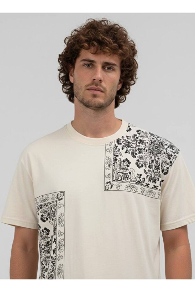 Erkek Oversize Desenli Patchwork Tişört - 5
