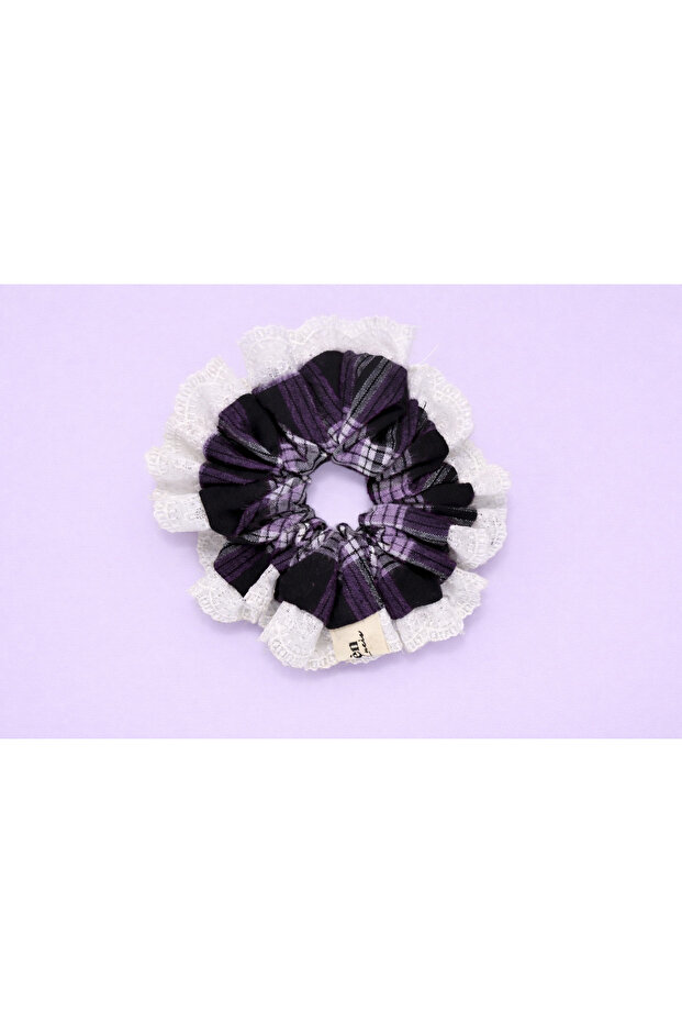 Checkered Lace Detailed Scrunchie Elastic Bun Hair Tie