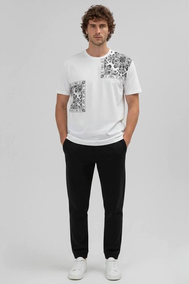 Erkek Oversize Desenli Patchwork Tişört - 1