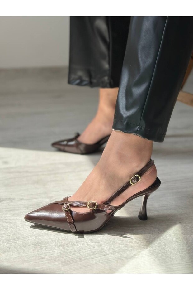 Brown Patent Leather Pointed Toe Heeled Shoes with Thin Belt Detail