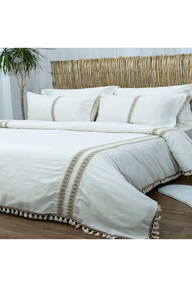 Natural Cream Brown Lace King Size Duvet Cover Set