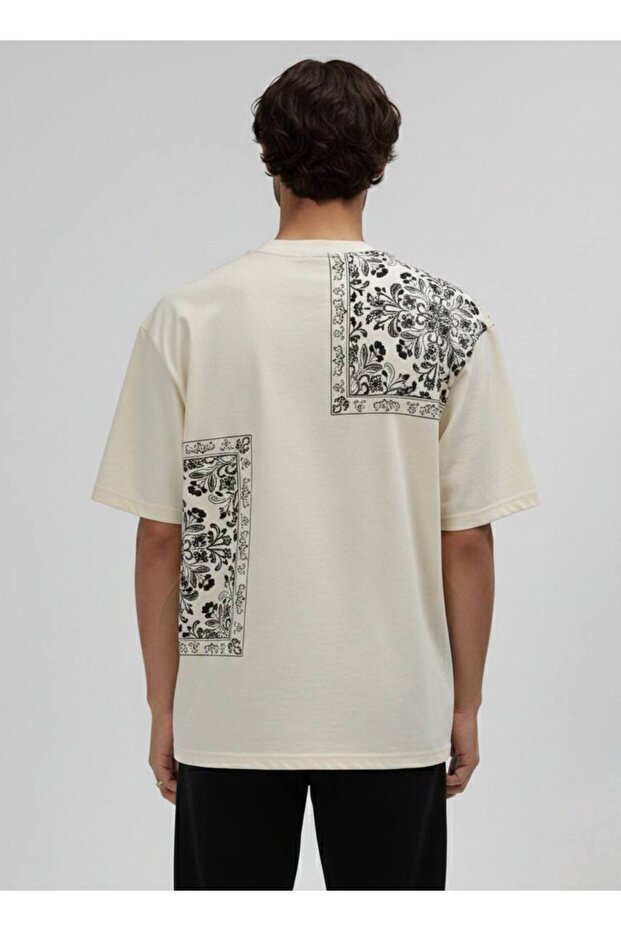 Erkek Oversize Desenli Patchwork Tişört - 4