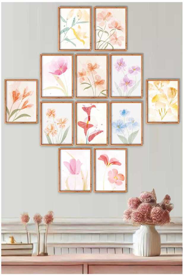 Frame-Looking Pastel Flowers Wall Art Set – Minimal Watercolor Floral Posters (Set of 12)