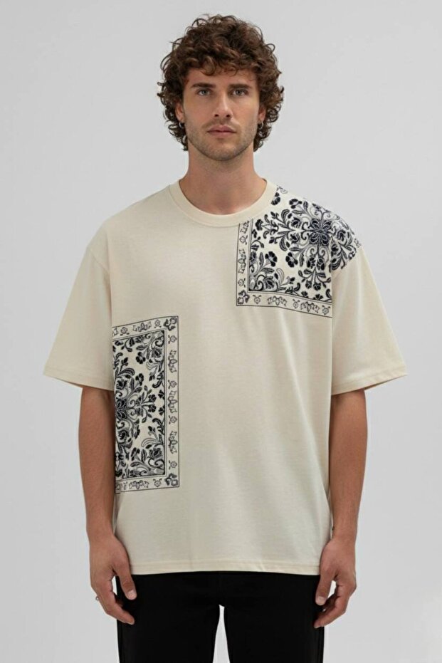Erkek Oversize Desenli Patchwork Tişört - 1