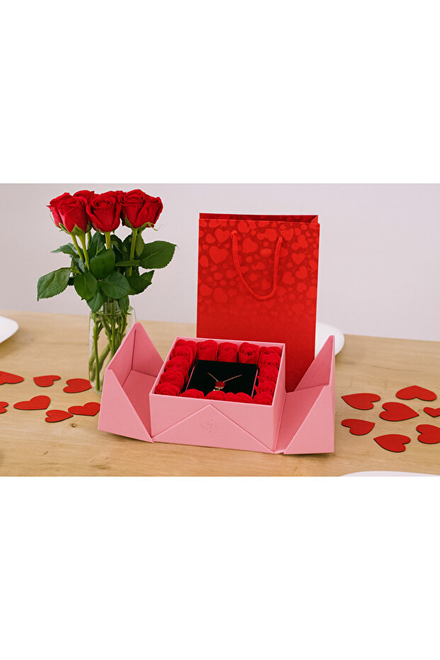 Rose Pattern Necklace in a Special Design Box with Steel Chain End Valentine's Day Special Day