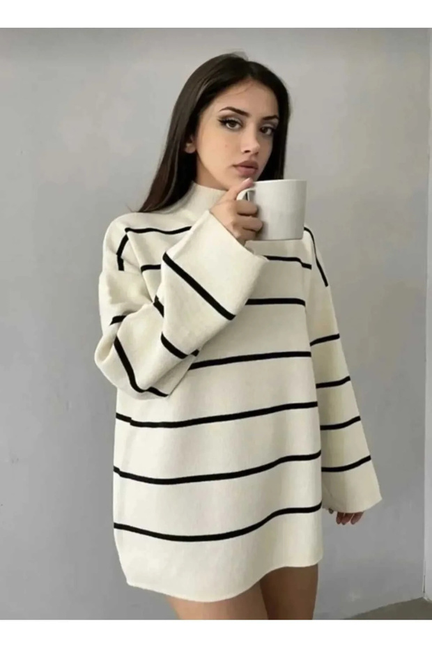 Women's White Striped Half Turtleneck Long Sleeve Oversize Cut Knitwear Tunic Sweater