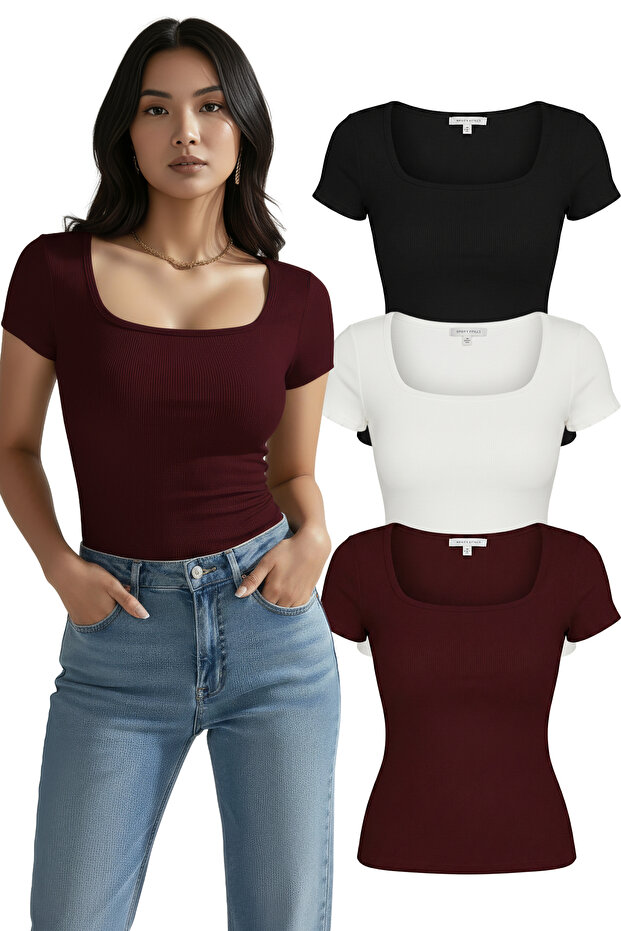3-Piece Set U-Neck Short-Sleeve Corded Fabric Cotton Blouse T-Shirt