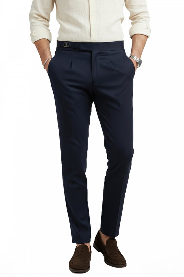 Men's Navy Blue Lycra Italian Cut Pleated Belt Buckle Stylish Fabric Trousers 2601020