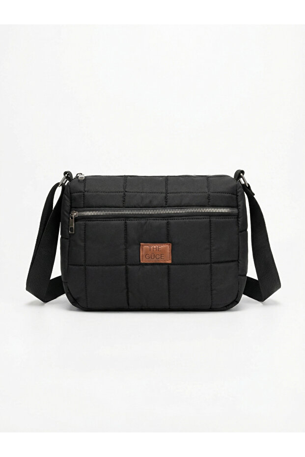 Black Quilted Zippered Two-Compartment Puff Fabric Water-Resistant Shoulder Bag with Adjustable Strap
