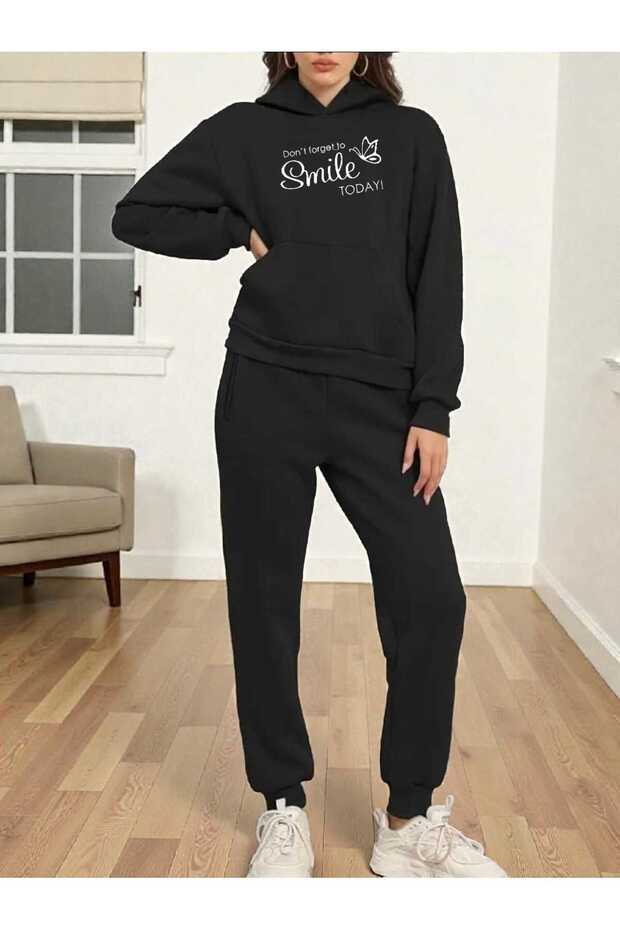 Women's Bottom Top Set Smile Fashion Print Design Trendy Hooded Sweatshirt