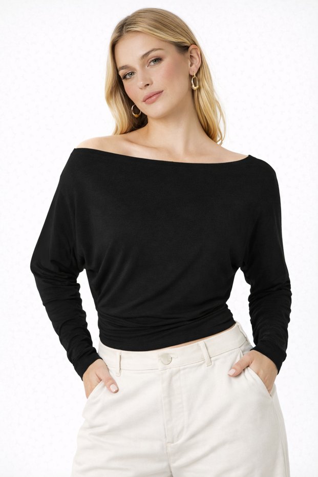 Women's Grace Asymmetrical Shoulder Detail Black Blouse