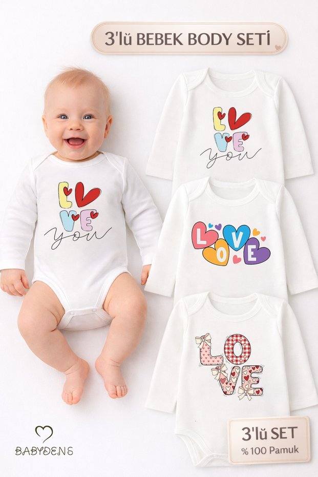 Love Themed 3-Piece Baby Body Set 100% Cotton Long Sleeve Snap Fastener Baby Bodysuit 0-24 Months