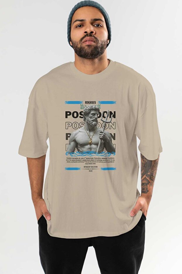 Poseidon 3 Mythology Front Printed Beige Oversize T-Shirt Men Women Cotton Crew Neck Tshirt