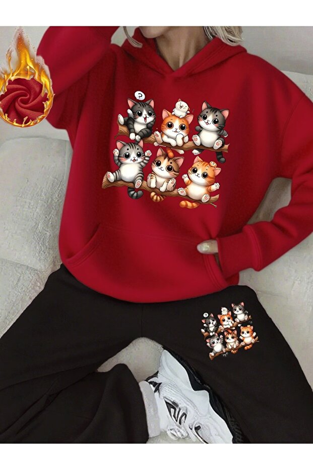 Women's Double Cat Print Tracksuit Set – Hooded Sweatshirt & Pants