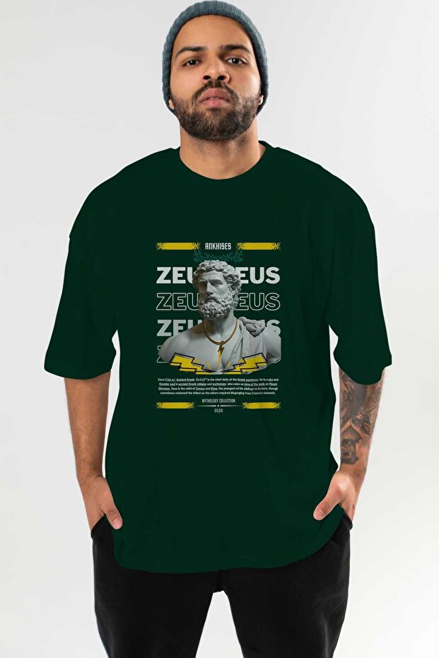 Zeus 2 Mythology Front Printed Green Oversize T-Shirt Men Women Cotton Crew Neck Tshirt