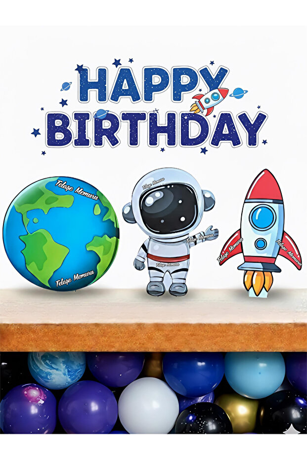 Space Astronaut Standing Tabletop Board Set (3 Pieces) Birthday Party and Cake Decoration Thick Paper Printing