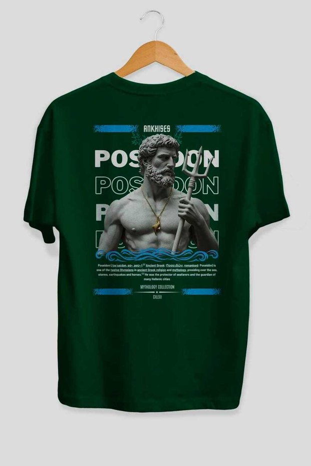 Poseidon 3 Mythology Back Printed Green Oversize T-Shirt Men Women Cotton Crew Neck Tshirt
