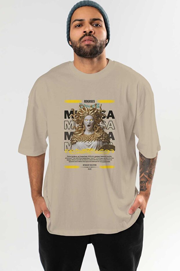 Medusa 1 Mythology Front Printed Beige Oversize T-Shirt Men Women Cotton Crew Neck Tshirt