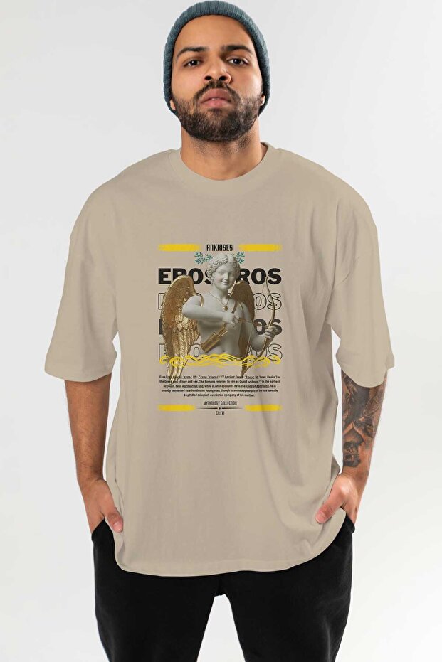 Eros Mythology Front Printed Beige Oversize T-Shirt Men Women Cotton Crew Neck Tshirt