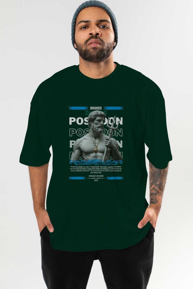 Poseidon 3 Mythology Front Printed Green Oversize T-Shirt Men Women Cotton Crew Neck Tshirt