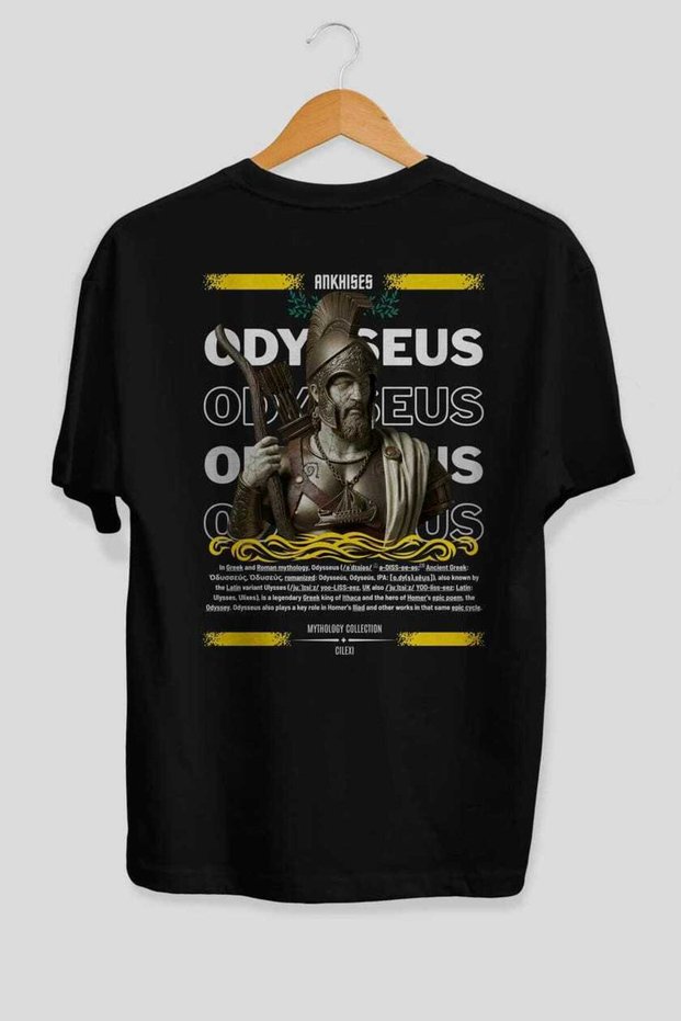 Odysseus 1 Mythology Back Printed Black Oversize T-Shirt Men Women Cotton Crew Neck Tshirt