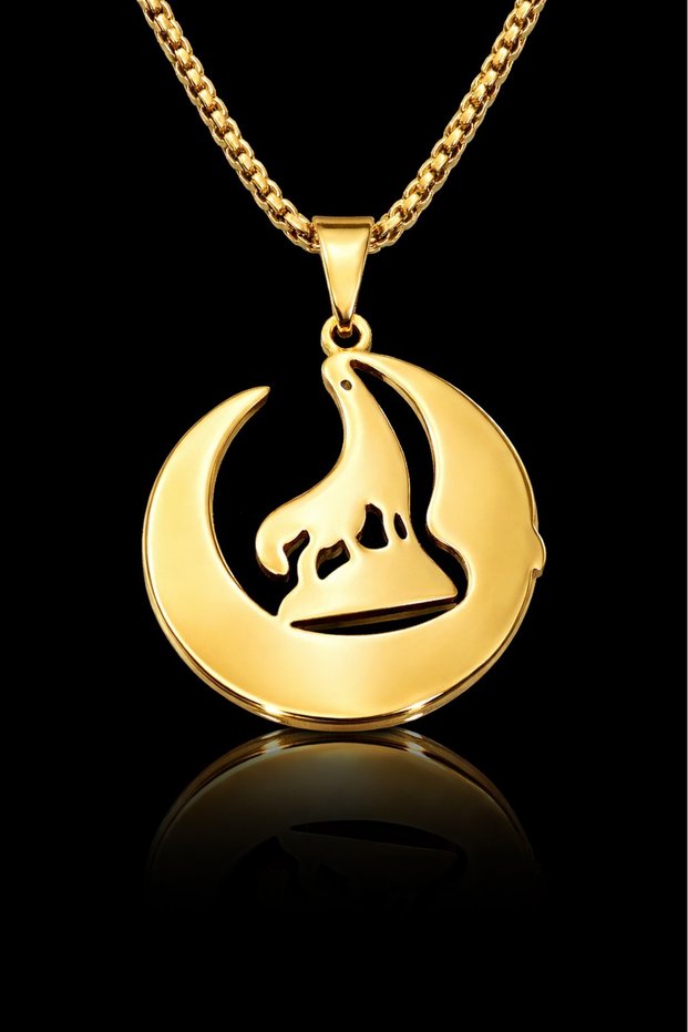 Stainless Steel Gold Color Moon Star Wolf Figured Men's Necklace