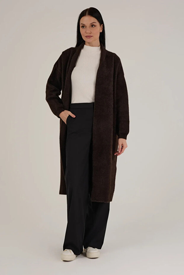 Women's Shawl Collar Angora Textured Long Cardigan
