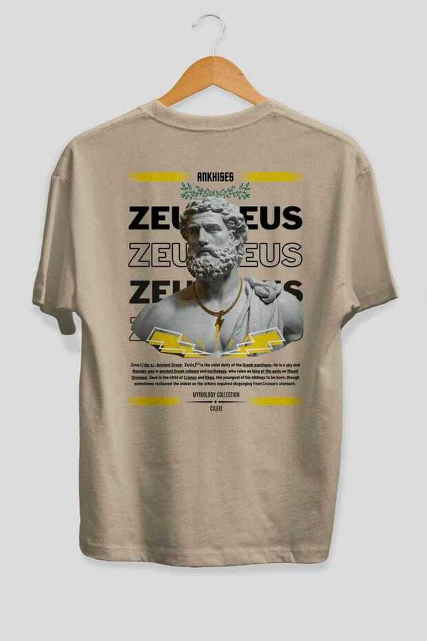 Zeus 2 Mythology Back Printed Beige Oversize T-Shirt Men Women Cotton Crew Neck Tshirt