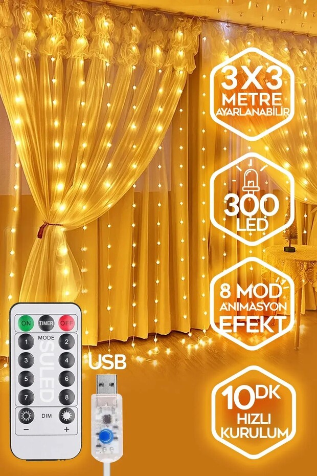 AUTA Perde LED 300 LED Işık 10 Sarkıt 8 Mod Uzaktan Kumandalı 3x3 Metre ...