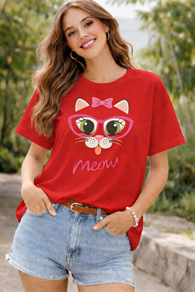Bow Tie Kitten Meow Printed Cotton Relaxed Fit Round Neck Unisex T-Shirt