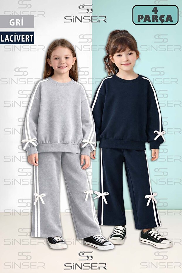 Girl's 2-Piece Bow Detailed Crew Neck Sweatshirt Set