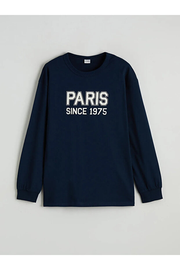 Navy Blue Crew Neck Paris Printed Boy's T-Shirt