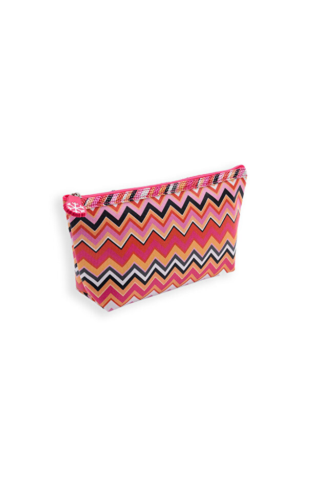 Zigzag Patterned Red Toned Large Rectangular Makeup Bag - 1
